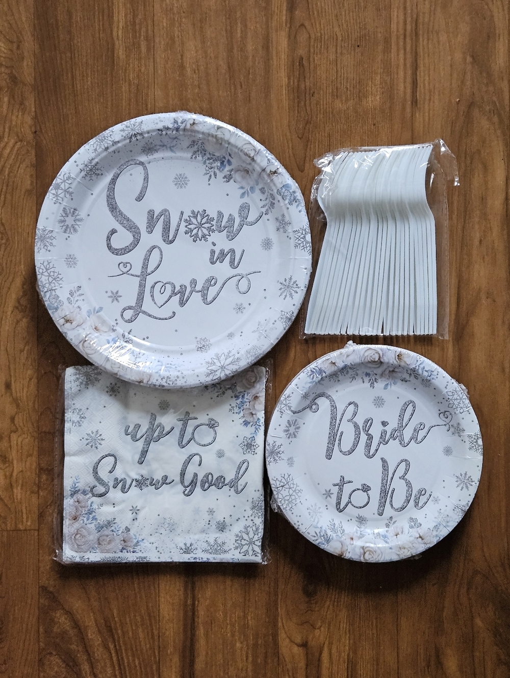 Bride to Be Winter Party Paper Plate & Napkin Set - White and Silver